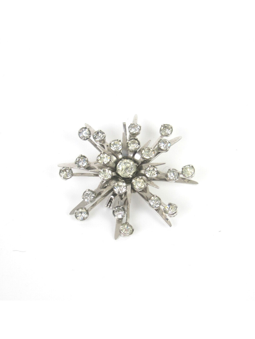Vintage 1950s Atomic Style Pin Brooch Silver Tone & Rhinestones Snowflake Star